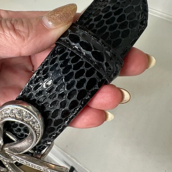 **SOLD**Brighton Black Embossed Leather Belt with Rhinestone Bow Buckle - Picture 3 of 4